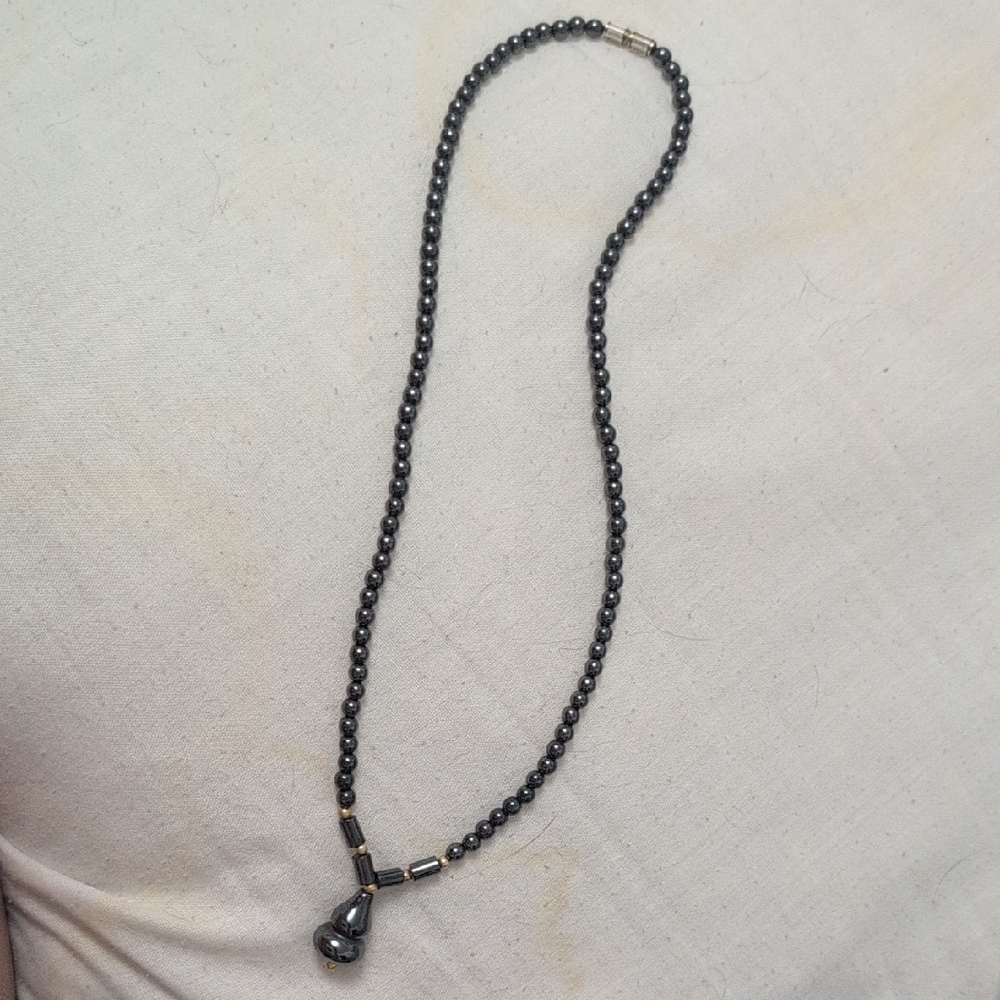 Elegant Black With Silver Luster Hematite Necklace with Teardrop Shaped Hematite